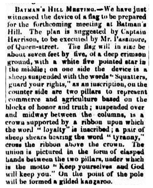 Newspaper column headed Batman's Hill Meeting, describing the flag: about seven feet by five, of a deep crimson ground, with a white five pointed star in the middle